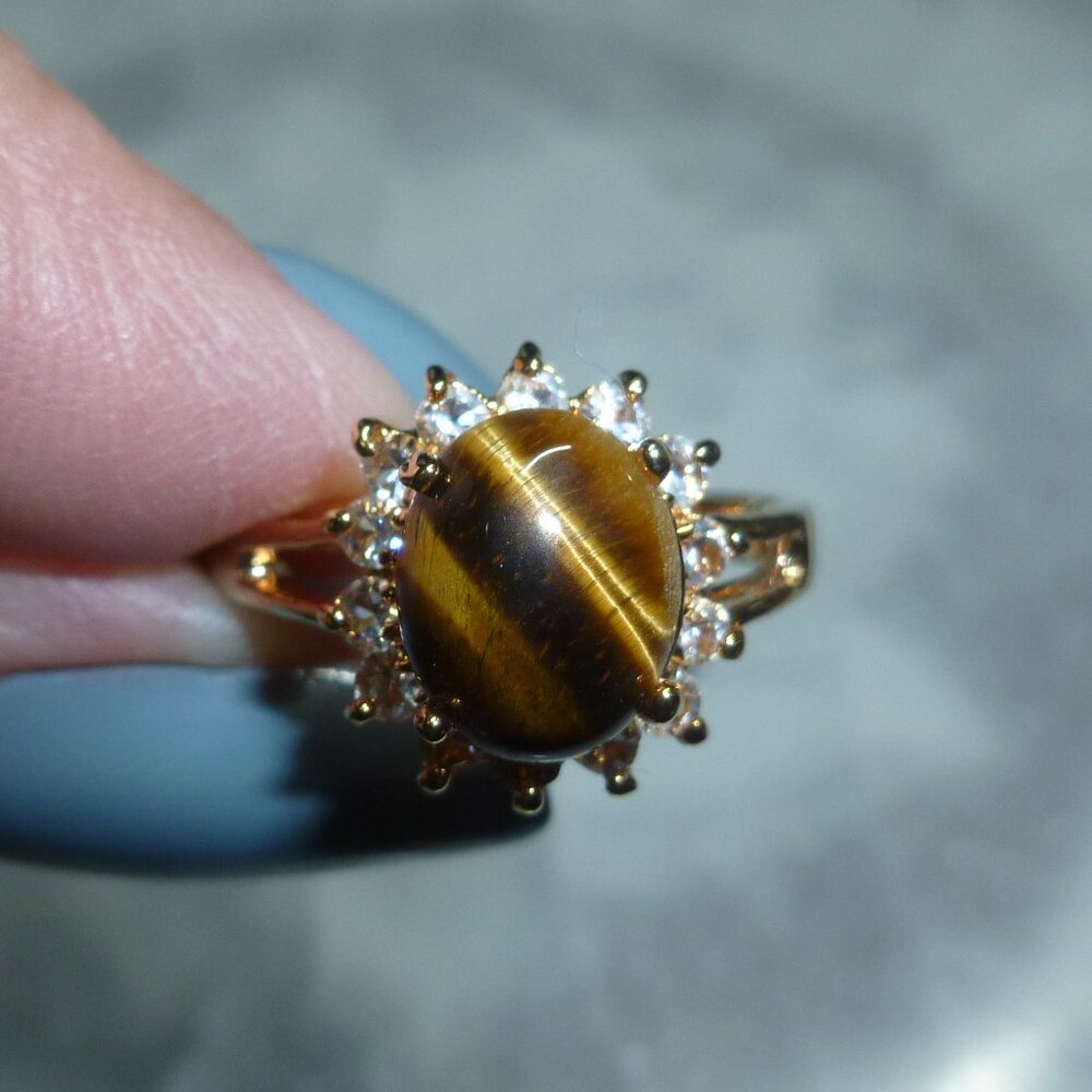18k Gold EP Tiger's Eye Swarovski Crystal Dolphin Ore Ring Size 10